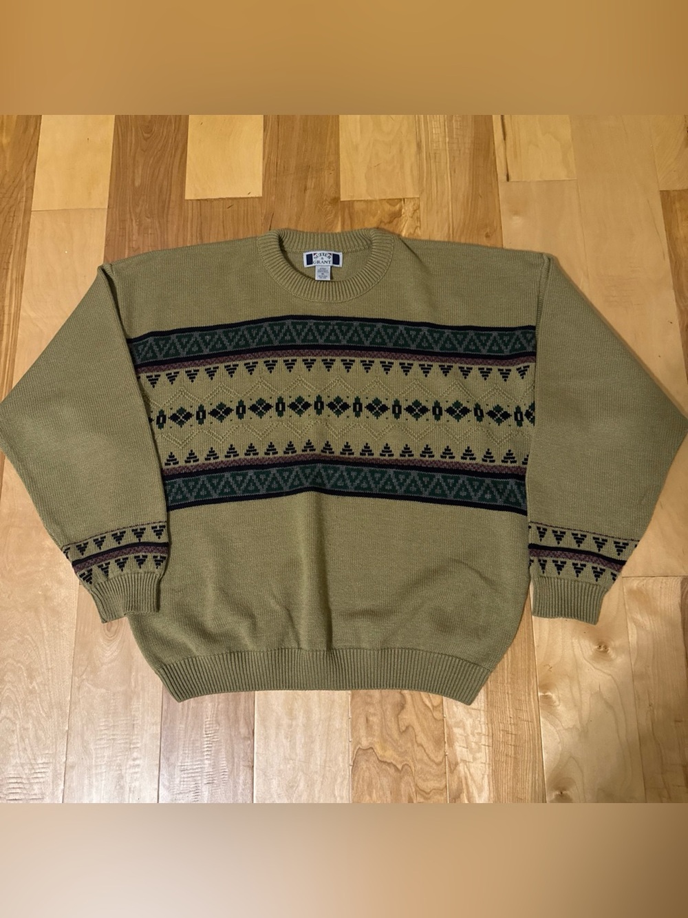 Vintage Sutter & Grant Sweater Mens XL Tan Geometric Crewneck Knit 90s Acrylic